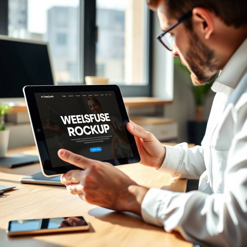 A designer working on a website mockup on a tablet.