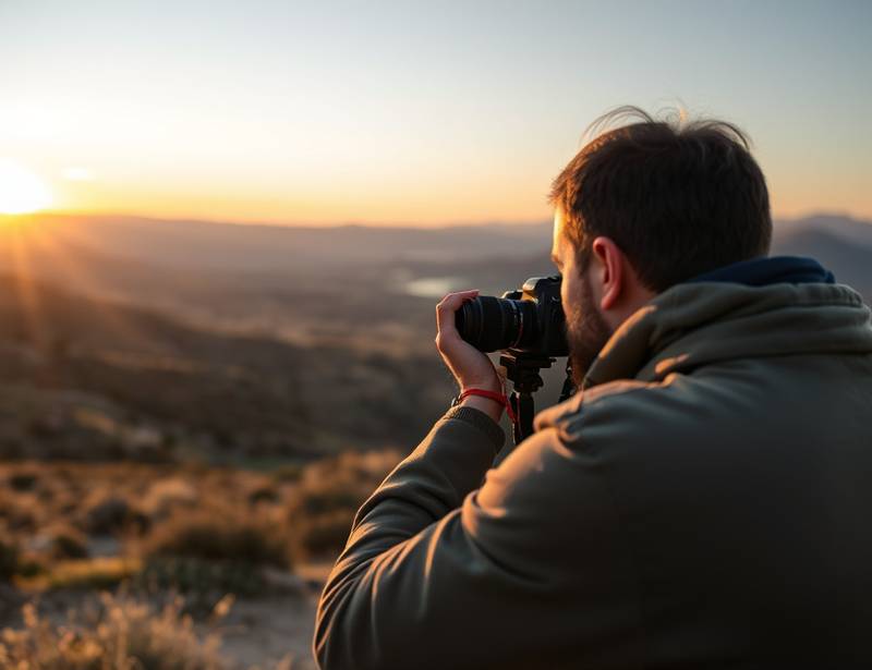 A photographer taking a landscape photo with a professional camera.